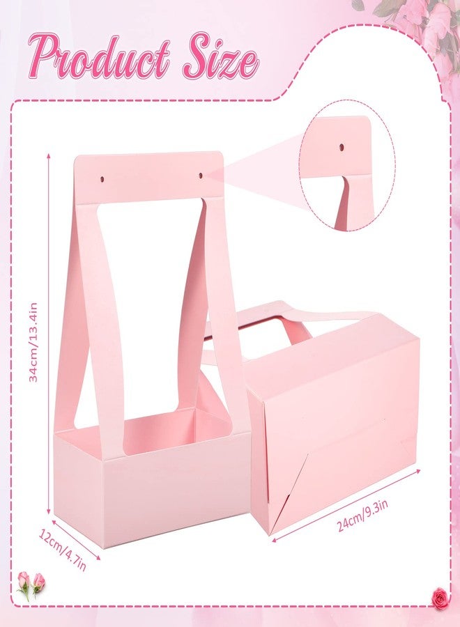 Teling 12 Pcs Valentine's Day Flower Boxes for Arrangements Pink Flower Bags for Bouquets Paper Floral Gift Bag Portable Waterproof Floral Box with Handle for Wedding Party Florist Supplies (Pink) - Image 3